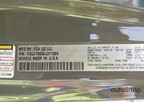 2020 Jeep Gladiator Rubicon 4X4 z USA, uszkodzony, nr VIN 1C6JJTBG6LL211369